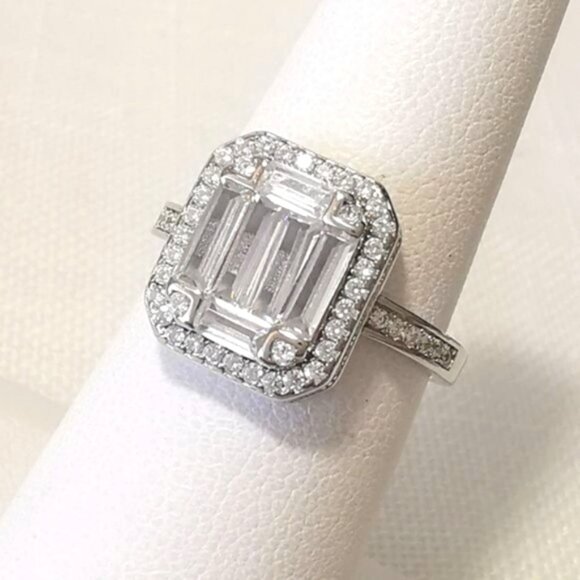 BAMCZ Jewelry - Sterling Silver Baguette cut CZ Ring with Halo size 6.75